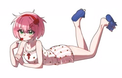 Size: 1978x1261 | Tagged: safe, artist:tamjeong_sonic, amy rose, sonic the hedgehog, human, 2025, alternate outfit, dress, food, holding something, humanized, looking at viewer, lying down, lying on front, simple background, slippers, solo, strawberry, white background