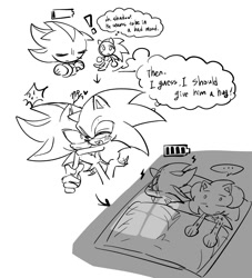 Size: 1815x2000 | Tagged: safe, artist:tamjeong_sonic, shadow the hedgehog, sonic the hedgehog, 2025, arms folded, comic, duo, english text, gay, greyscale, hugging, looking at them, lying down, monochrome, shadow x sonic, shipping, simple background, sleeping, thought bubble, white background