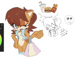 Size: 1383x1045 | Tagged: safe, artist:candleyy, sally acorn, chipmunk, 2026, bag, burger, carrying them, dialogue, drink, english text, female, food, french fries, happy, mcdonalds, sally's vest and boots, simple background, smile, soda, solo, white background
