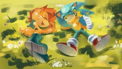Size: 1280x725 | Tagged: safe, artist:valenok, sally acorn, sonic the hedgehog, chipmunk, hedgehog, 2026, daytime, duo, female, flower, grass, happy, lying down, male, running, sally x sonic, sally's vest and boots, shipping, straight
