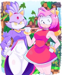 Size: 1685x2048 | Tagged: safe, artist:catsaryck, amy rose, blaze the cat, green hill zone, female, hand on hip, piko piko hammer, posing