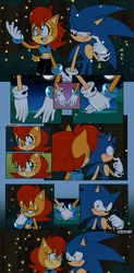 Size: 1280x2600 | Tagged: safe, artist:risziarts, sally acorn, sonic the hedgehog, chipmunk, hedgehog, 2023, blushing, comic, duo, female, firefly, holding hands, insect, lake, literal animal, male, moon, nighttime, no dialogue, rain, running, sally x sonic, sally's ringblader outfit, shipping, star (sky), straight