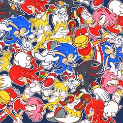 Size: 2250x2250 | Tagged: safe, artist:biolizard02, amy rose, knuckles the echidna, miles "tails" prower, shadow the hedgehog, sonic the hedgehog, 2025, blue background, group, piko piko hammer, simple background, smile, soap shoes