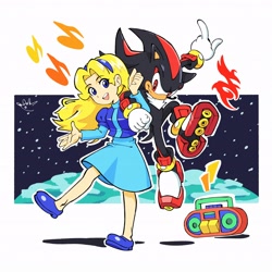 Size: 3720x3720 | Tagged: safe, artist:biolizard02, maria robotnik, shadow the hedgehog, human, 2024, dancing, duo, looking at each other, looking at them, musical notes, simple background, smile, standing, white background