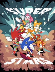 Size: 3133x4096 | Tagged: safe, artist:biolizard02, amy rose, knuckles the echidna, miles "tails" prower, sonic the hedgehog, trip the sungazer, sonic superstars, 2023, classic amy, classic knuckles, classic sonic, classic tails, english text, group, piko piko hammer, smile