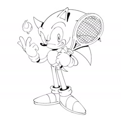 Size: 1815x1815 | Tagged: safe, artist:biolizard02, sonic the hedgehog, 2023, greyscale, grin, monochrome, simple background, smile, solo, standing, tennis, tennis ball, tennis racket, white background