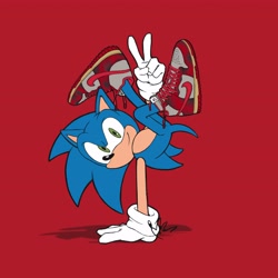 Size: 4096x4096 | Tagged: safe, artist:biolizard02, sonic the hedgehog, 2021, alternate outfit, alternate shoes, handstand, looking at viewer, red background, simple background, smile, solo, v sign