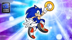 Size: 2048x1152 | Tagged: safe, artist:biolizard02, artist:burst_art, sonic the hedgehog, 2020, collaboration, grin, holding something, ring, smile, solo, style emulation, uekawa style