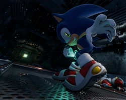 Size: 2920x2326 | Tagged: safe, artist:watervaporeon, sonic the hedgehog, sonic adventure, 2025, 3d, crystal ring, grin, indoors, light shoes, smile, solo, standing