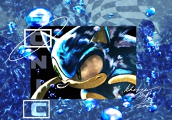 Size: 2048x1424 | Tagged: safe, artist:khezusp, sonic the hedgehog, 2025, bubbles, character name, signature, solo, water