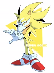 Size: 1536x2048 | Tagged: safe, artist:trizziefrizzie, sonic the hedgehog, super sonic, 2025, character name, hand on own face, simple background, solo, standing, super form, white background