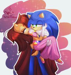 Size: 2000x2115 | Tagged: safe, artist:wolfcoffee, sally acorn, sonic the hedgehog, chipmunk, hedgehog, 2023, abstract background, alternate outfit, carrying them, clothes, dress, duo, sally x sonic, shipping, straight
