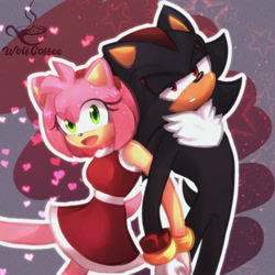 Size: 2000x2000 | Tagged: safe, artist:wolfcoffee, amy rose, shadow the hedgehog, hedgehog, 2023, abstract background, amy x shadow, duo, heart, leaning on them, shipping, star (symbol), straight