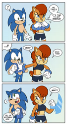 Size: 704x1301 | Tagged: safe, artist:chauvels, sally acorn, sonic the hedgehog, chipmunk, hedgehog, 2015, blushing, comic, dialogue, duo, english text, exclamation mark, holding something, holding vest, question mark, sally x sonic, sally's ringblader outfit, shipping, straight