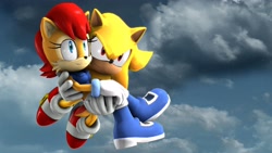 Size: 3840x2160 | Tagged: safe, artist:sonic3245, sally acorn, sonic the hedgehog, super sonic, chipmunk, hedgehog, 2021, 3d, duo, flying, sally x sonic, sally's ringblader outfit, shipping, sky background, source filmmaker, straight, super form