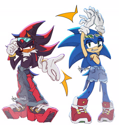 Size: 1943x2048 | Tagged: safe, artist:draivysand, shadow the hedgehog, sonic the hedgehog, hedgehog, 2025, clothes, duo, duo male, frown, gay, gloves, lidded eyes, looking at viewer, male, males only, pants, scar, shadow x sonic, shipping, shoes, shorts, signature, simple background, smile, stretching, sunglasses, t4t, top surgery scars, topless, trans boy shadow, trans boy sonic, trans male, transgender, white background