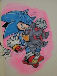 Size: 1536x2048 | Tagged: safe, artist:prismaticfangz, shadow the hedgehog, sonic the hedgehog, hedgehog, 2025, between legs, blushing, body worship, chest kiss, duo, duo male, eyes closed, gay, heart, holding hands, kiss, male, males only, scar, shadow x sonic, shipping, sitting, smile, top surgery scars, traditional media, trans boy sonic, trans male, transgender