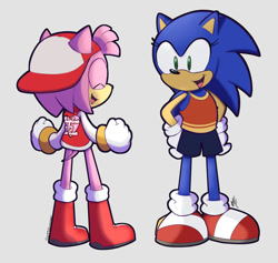 Size: 1024x972 | Tagged: safe, artist:swift-kwikster, amy rose, sonic the hedgehog, 2024, backwards cap, boots, cap, clothes, crop top, duo, eyelashes, eyes closed, female, gloves, grey background, happy, hat, jacket, looking at them, male, shoes, shorts, simple background, smile, standing, trans boy amy, trans female, trans girl sonic, trans male, transgender