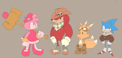 Size: 1500x720 | Tagged: safe, artist:joyfuldemolition, amy rose, knuckles the echidna, miles "tails" prower, sonic the hedgehog, echidna, fox, hedgehog, 2023, aviator jacket, bandana, boots, eyewear on head, female, flat colors, flower, frown, gloves, goggles, goggles on head, grey background, group, hat, holding something, jacket, knuckles' hat, looking offscreen, male, mouth hold, piko piko hammer, redesign, scarf, shoes, simple background, smile, standing, wheat