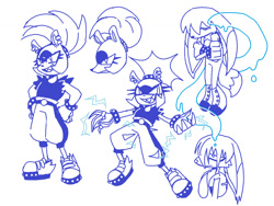 Size: 1384x1038 | Tagged: safe, artist:velveteen-vampire, kit the fennec, surge the tenrec, tenrec, 2023, claws, clenched teeth, duo, electricity, fennec, frown, lidded eyes, line art, looking at viewer, looking offscreen, monochrome, sharp teeth, simple background, smile, smiling at viewer, standing, tentacle, water, white background