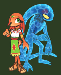Size: 1686x2048 | Tagged: safe, artist:velveteen-vampire, chaos, tikal, echidna, 2023, agender, clothes, duo, eyelashes, female, green background, looking at viewer, looking offscreen, redesign, simple background, water