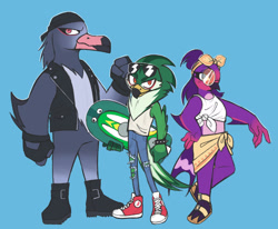 Size: 2048x1686 | Tagged: safe, artist:velveteen-vampire, jet the hawk, storm the albatross, wave the swallow, bird, 2023, alternate eye color, babylon rogues, bandana, blue background, chest fluff, clothes, crop top, extreme gear, eyelashes, eyewear on head, female, fingerless gloves, fur markings, gilet, glasses, gloves, hand on hip, headscarf, holding something, jeans, looking at viewer, male, pants, redesign, ripped pants, sandals, scarf, shirt, shoelaces, shoes, simple background, skirt, sneakers, spiked bracelet, standing, sunglasses, tank top, trio