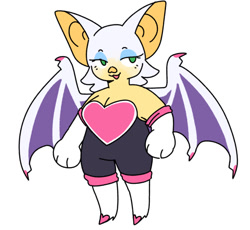 Size: 818x751 | Tagged: safe, artist:velveteen-vampire, rouge the bat, bat, 2023, boots, cleavage, clothes, cute, eyelashes, female, flat colors, gloves, lidded eyes, mouth open, open smile, rougabetes, rouge's heart top, simple background, smile, smiling at viewer, solo, solo female, standing, white background