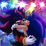 Size: 2048x2048 | Tagged: safe, artist:hippiecockatoo, shadow the hedgehog, sonic the hedgehog, hedgehog, 2026, abstract background, beanbrows, duo, duo male, ear fluff, eyelashes, fireworks, gay, holding each other, hugging, lidded eyes, looking at each other, male, males only, new years, nighttime, outdoors, shadow x sonic, shipping, smile, smiling at each other, standing