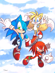 Size: 1535x2048 | Tagged: safe, artist:saviebelle, knuckles the echidna, miles "tails" prower, sonic the hedgehog, echidna, fox, hedgehog, sonic heroes, 2025, clouds, daytime, looking at viewer, looking offscreen, male, males only, outdoors, redraw, sky background, smile, smiling at viewer, team sonic, trio, trio male