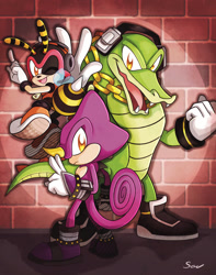 Size: 1616x2048 | Tagged: safe, artist:saviebelle, charmy bee, espio the chameleon, vector the crocodile, bee, crocodile, 2025, abstract background, brick wall, chameleon, clenched fist, flying, frown, looking at viewer, male, males only, mid-air, mouth open, open smile, pointing, signature, smile, standing, team chaotix, trio, trio male, v sign, wink, winking at viewer