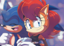 Size: 1662x1197 | Tagged: safe, artist:risziarts, sally acorn, sonic the hedgehog, chipmunk, hedgehog, 2024, alternate outfit, dress, drink, duo, ear piercing, holding something, piercing, sally x sonic, shipping, smile, straight