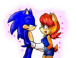 Size: 1024x768 | Tagged: safe, artist:carolline2121, sally acorn, sonic the hedgehog, chipmunk, hedgehog, 2016, blank background, duo, heart, looking at each other, sally x sonic, sally's ringblader outfit, shipping, straight