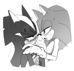 Size: 1466x1396 | Tagged: safe, artist:guitar_00000001, shadow the hedgehog, sonic the hedgehog, 2025, after kiss, blushing, duo, gay, greyscale, heart, monochrome, saliva, saliva trail, shadow x sonic, shipping, simple background, white background