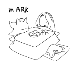 Size: 1568x1400 | Tagged: safe, artist:guitar_00000001, biolizard, maria robotnik, shadow the hedgehog, human, 2025, english text, eyes closed, food, fruit, greyscale, kotatsu, monochrome, simple background, sitting, smile, table, trio, white background