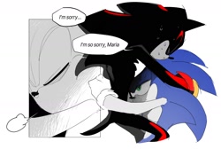 Size: 1696x1138 | Tagged: safe, artist:guitar_00000001, shadow the hedgehog, sonic the hedgehog, 2025, duo, english text, eyes closed, hugging, implied maria, lidded eyes, simple background, speech bubble, sweat, white background
