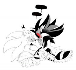 Size: 1410x1303 | Tagged: safe, artist:guitar_00000001, shadow the hedgehog, sonic the hedgehog, 2025, duo, gay, greyscale, halloween, looking at each other, looking at them, monochrome, red sclera, shadow x sonic, shipping, simple background, sonic the werehog, spot color, were form, werehog, white background