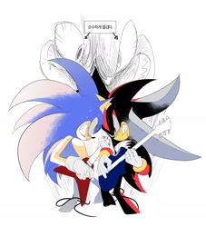Size: 1920x2115 | Tagged: safe, artist:guitar_00000001, shadow the hedgehog, sonic the hedgehog, hedgehog, 2025, duo, electric guitar, grin, guitar, korean text, looking at each other, looking at them, male, musical instrument, playing music, simple background, smile, standing, white background