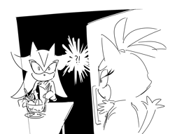 Size: 1525x1164 | Tagged: safe, artist:guitar_00000001, blaze the cat, shadow the hedgehog, 2025, door, duo, food, greyscale, looking at each other, looking at them, monochrome, simple background, sketch, white background