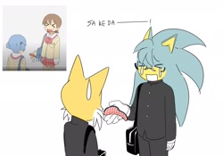 Size: 1913x1337 | Tagged: safe, artist:guitar_00000001, miles "tails" prower, sonic the hedgehog, 2025, crying, duo, holding something, korean text, looking at them, nichijou, reference inset, school uniform, simple background, standing, white background