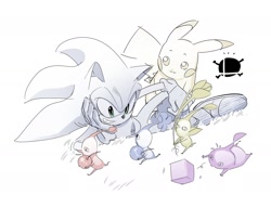 Size: 2000x1537 | Tagged: safe, artist:guitar_00000001, sonic the hedgehog, 2025, crossover, grin, group, looking at them, lying down, lying on side, monochrome, pikachu, pikmin, pokemon, simple background, smile, super smash brothers, white background