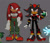 Size: 1119x958 | Tagged: safe, artist:eighttalestale, knuckles the echidna, shadow the hedgehog, echidna, hedgehog, 2025, arm fluff, boots, chaos emerald, clothes, duo, duo female, female, females only, frown, fully clothed, gender swap, grey background, holding something, jacket, looking offscreen, pants, simple background, smile, standing