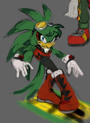 Size: 793x1088 | Tagged: safe, artist:eighttalestale, jet the hawk, bird, 2025, boots, clenched teeth, clothes, extreme gear, eyelashes, eyewear on head, female, fully clothed, gender swap, gloves, goggles, goggles on head, jacket, looking at viewer, pants, sleeveless jacket, smile, smiling at viewer, solo, solo female