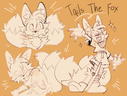 Size: 2048x1540 | Tagged: safe, artist:kandidandi, miles "tails" prower, fox, 2025, bandage, bandaid, belt, boots, chest fluff, claws, clothes, ear fluff, fingerless gloves, fluffy, fully clothed, gloves, heart tongue, holding something, leg fluff, male, monochrome, mouth open, open smile, remote controller, shirt, shoes, shorts, shoulder fluff, simple background, smile, smiling at viewer, solo, sparkles, standing, watermark, waving, yellow background