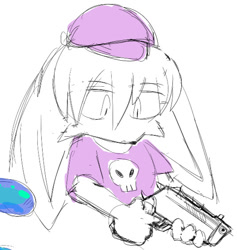 Size: 535x565 | Tagged: safe, artist:bobbutterbutt, kit the fennec, 2025, alternate outfit, blaster, cap, clothes, eye clipping through hair, eyebrow clipping through hair, fennec, flat colors, frown, fully clothed, gun, hat, holding something, looking at something, male, monochrome, pistol, shirt, simple background, sketch, skull, solo, solo male, weapon, white background