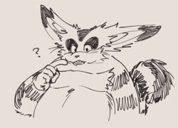 Size: 1473x1061 | Tagged: safe, artist:bigthecatirl, big the cat, cat, 2023, confused, ear fluff, fangs, fluffy, grey background, line art, looking at viewer, male, monochrome, question mark, simple background, sketch, solo, solo male, tongue out