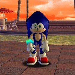 Size: 419x419 | Tagged: safe, sonic the hedgehog, hedgehog, sonic adventure, 3d, chair, clouds, crystal ring, faic, felted (kino casino term), floppy ears, frown, looking at viewer, male, mouth open, outdoors, pool, reaction image, screencap, solo, solo male, standing, station square, sunset, table, tree, umbrella, water