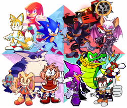 Size: 2048x1733 | Tagged: safe, artist:cory_hedgehog, artist:corythec, artist:drawntildawn, artist:ess_n_stuffs, artist:fishflop_, artist:gamertimeartz, artist:gsvproductions, artist:katieee_llyn, artist:mauhawkman, artist:naptoku, artist:nenafena, artist:same8189, artist:theartpal, amy rose, big the cat, charmy bee, cheese (chao), cream the rabbit, e-123 omega, espio the chameleon, knuckles the echidna, miles "tails" prower, rouge the bat, shadow the hedgehog, sonic the hedgehog, vector the crocodile, bat, bee, cat, chao, crocodile, echidna, fox, hedgehog, rabbit, sonic heroes, 2025, chameleon, collaboration, female, glowing eyes, group, looking at viewer, looking offscreen, male, neutral chao, robot, rouge's heroes bodysuit, standing, team chaotix, team dark, team rose, team sonic, thumbs up, walkie talkie, wall of tags