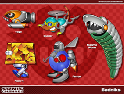 Size: 3000x2265 | Tagged: safe, artist:shadowlifeman, 2022, agender, agender only, badnik, buster, character name, checkered background, eggman empire logo, ferron, group, looking offscreen, magma worm, robot, rock'n, sonic channel style, style emulation, text, yago