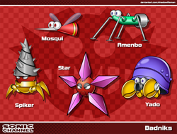 Size: 3000x2265 | Tagged: safe, artist:shadowlifeman, 2021, agender, agender only, amenbo, badnik, character name, checkered background, eggman empire logo, group, looking offscreen, mosqui, robot, sonic channel style, spiker, star (badnik), style emulation, text, yado