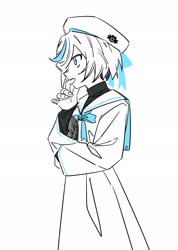 Size: 1455x2048 | Tagged: safe, artist:ringeater0405, sage, sonic frontiers, 2025, aged up, alternate outfit, eggman empire logo, hat, monochrome, simple background, solo, white background